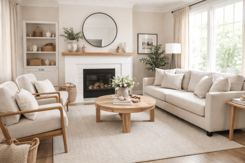Bright neutral living room with a white sofa, light wood chairs, round wood coffee table, and a styled fireplace with a round mirror and greenery.