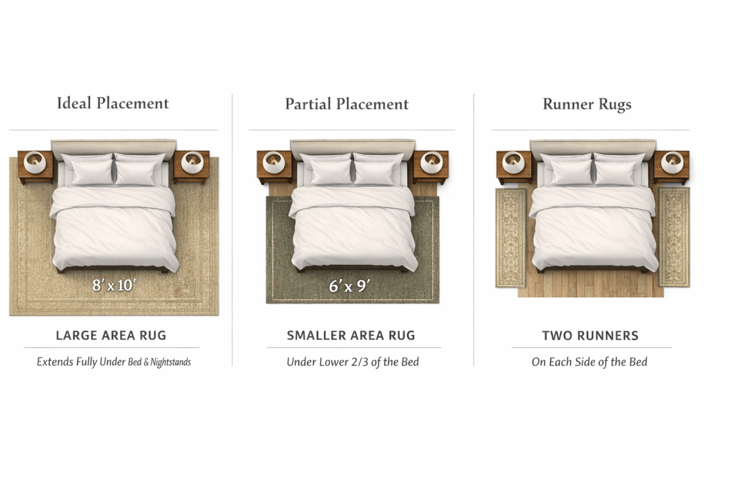 Top-down illustration showing correct bedroom area rug placement options, including a large rug fully under the bed, a smaller rug under the lower portion of the bed, and runner rugs placed on each side of the bed.