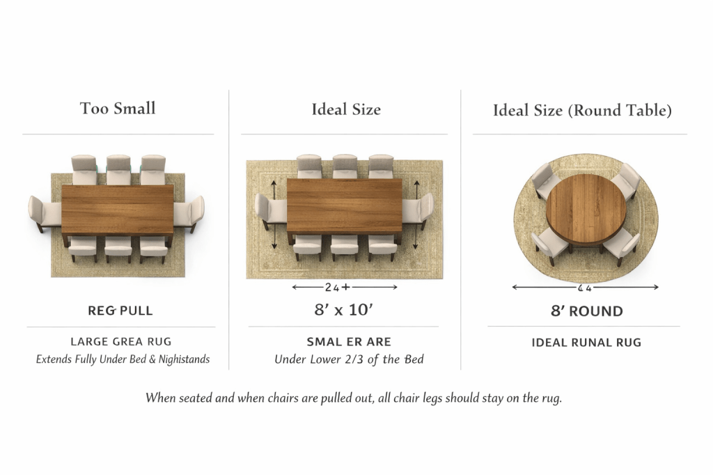 Visual of the size rug that should be used a dining room table. 