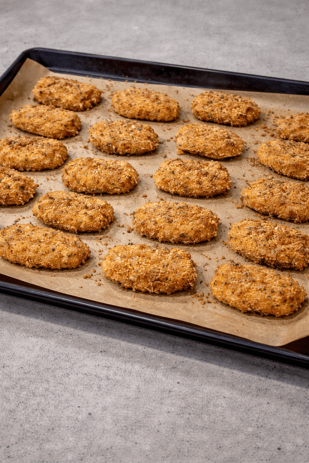 Homemade fish nuggets coated in Italian breadcrumbs arranged on a parchment-lined baking sheet after baking