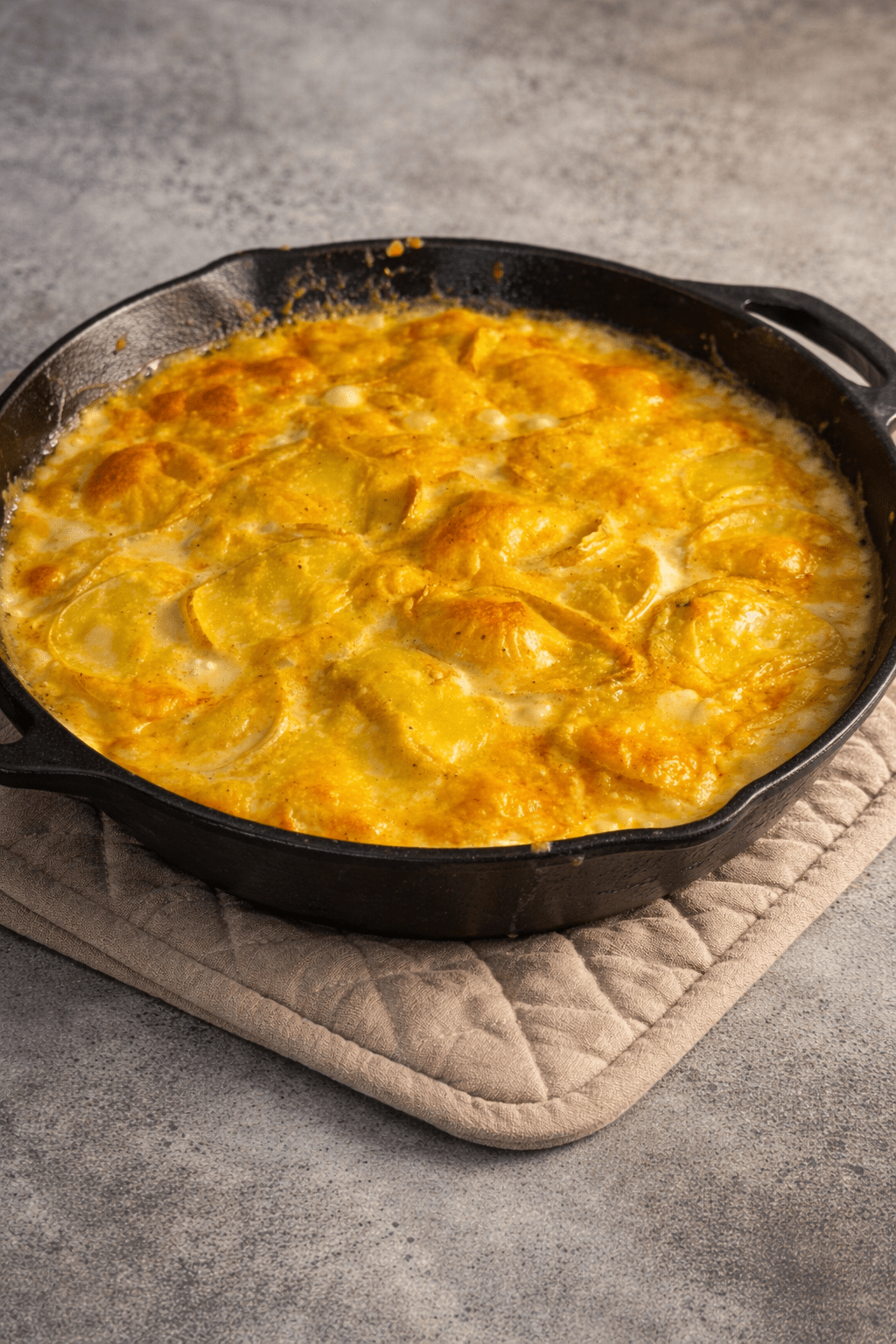 Cast iron skillet filled with creamy scalloped potatoes, golden and bubbling, resting on a quilted hot pad on a concrete countertop